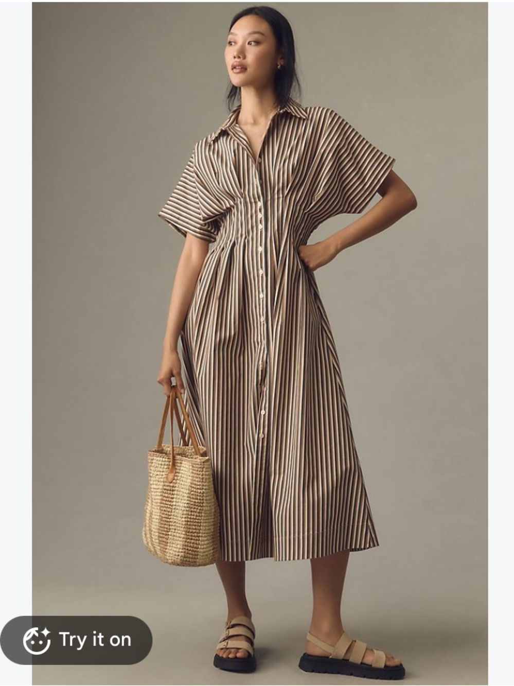 New Anthropologie Exquise Tobie Pleated Button Striped Corset Midi Shirt Dress